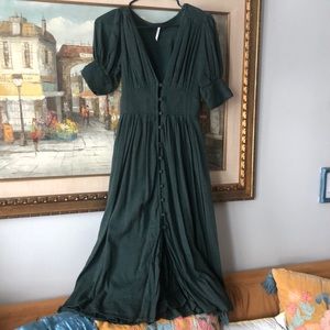 RARE Free People Green We Heart This Corset Midi Button Down Puff Sleeve Dress